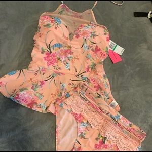 Betsey Johnson Pink Midnight Garden Lace Tankini and Lace Bottom Set L